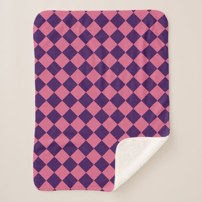Pink Purple Chequered Diamond Pattern Sherpa Blanket (Front)
