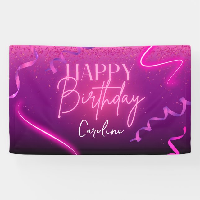 Pink Purple Confetti Neon Lights Happy Birthday  Banner (Horizontal)