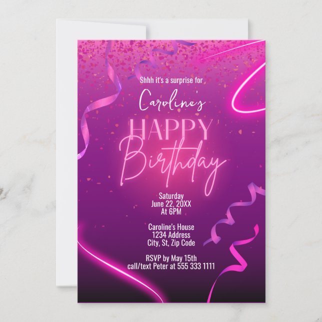 Pink Purple Confetti Neon Surprise Birthday Party Invitation (Front)