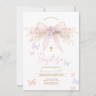 Pink Purple Coquette Bow Bow Floral Baptism Invitation