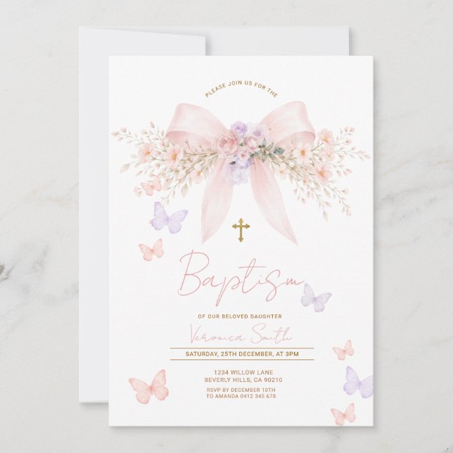 Pink Purple Coquette Bow Bow Floral Baptism Invitation (Front)