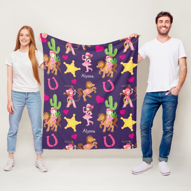 Pink Purple Cowgirl Pattern Kids Fleece Blanket (In Situ)