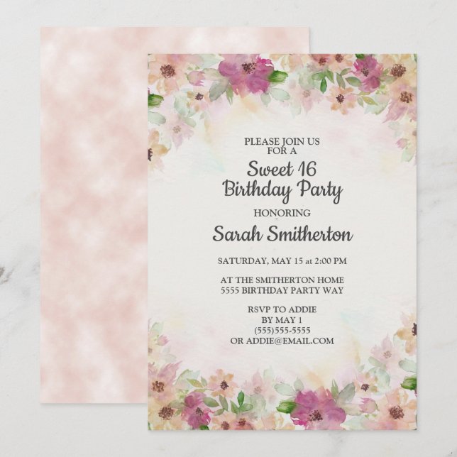 Pink Purple Cream Watercolor Sweet 16 Birthday Invitation (Front/Back)