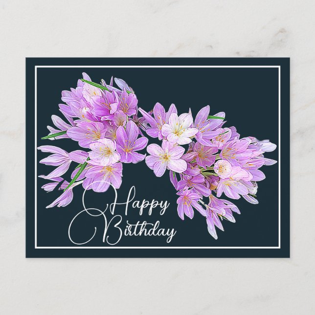 Pink/Purple Crocus Grey Backdrop Happy Birthday Postcard (Front)