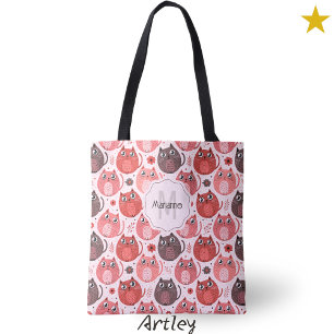 Pink Purple Cute Fat Cats Name Monogram Tote Bag