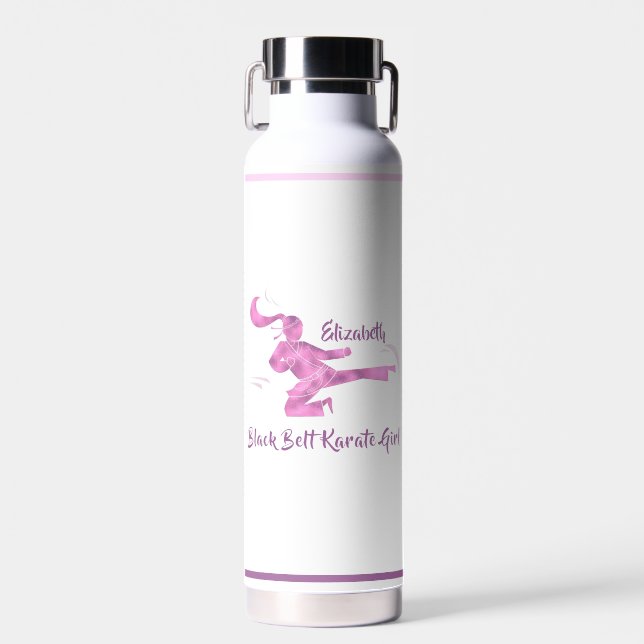 Pink Purple Cute Modern Girl Martial Arts Karate Water Bottle (Front)
