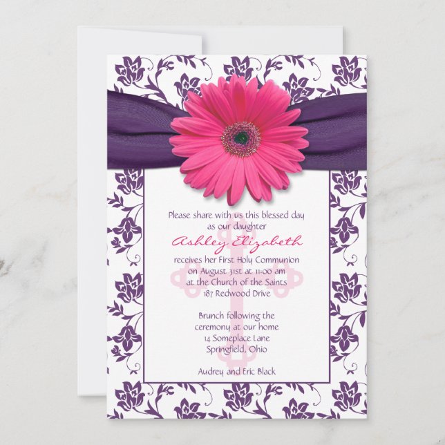 Pink Purple Daisy First Communion Invitation (Front)