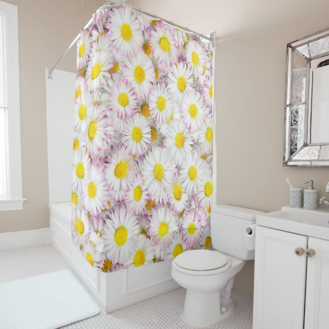 Pink Purple Daisy Flower Pattern Shower Curtain (In Situ)