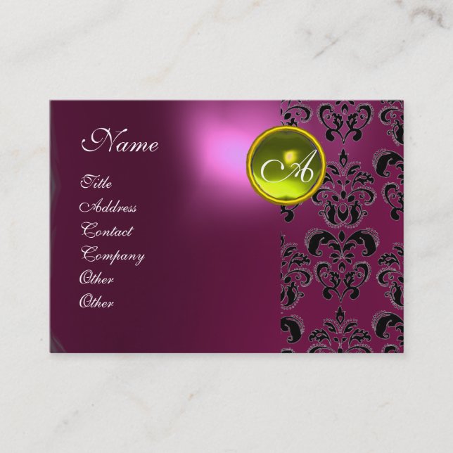 PINK PURPLE DAMASK YELLOW TOPAZ MONOGRAM ,fuchsia Business Card (Front)