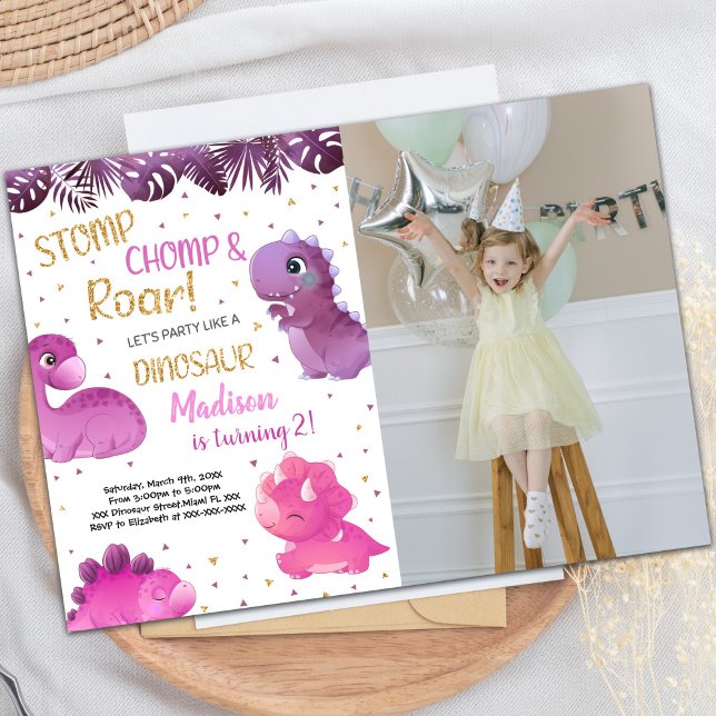 Pink & Purple Dinosaur Birthday Invitations (Pink Purple Dinosaur Birthday Invitations w photo)