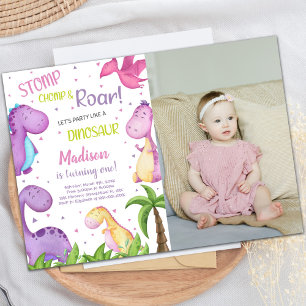 Pink Purple Dinosaur Birthday Invitations w photo