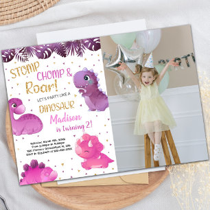 Pink Purple Dinosaur Birthday Invitations w photo