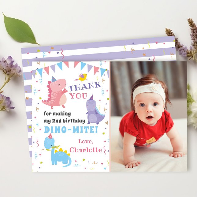 Pink Purple Dinosaur Girls Dino Party Photo Thank You Card (Creator Uploaded)