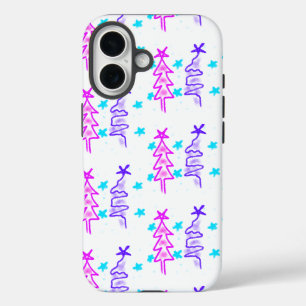 Pink Purple doodle christmas tree stars holiday pa iPhone 16 Case
