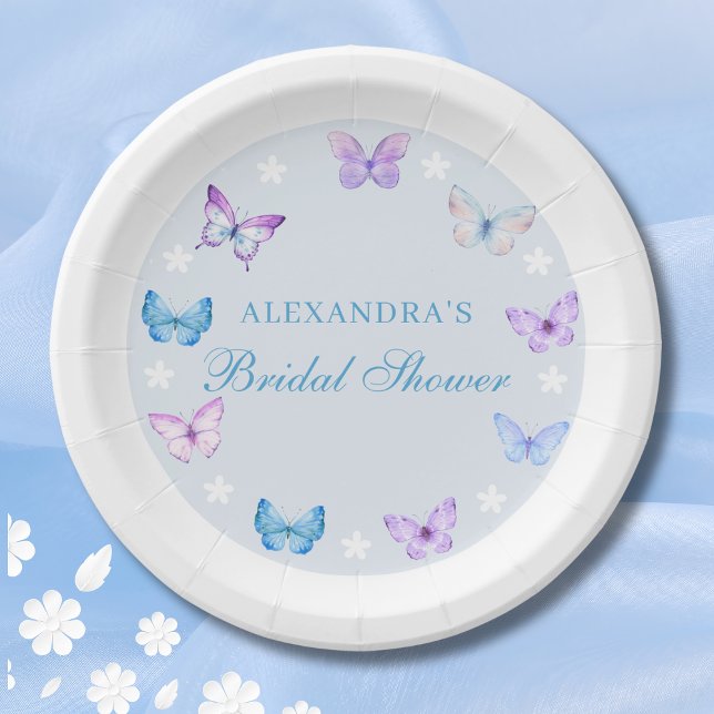Pink Purple Dusty Blue Butterfly Bridal Shower Paper Plate (Creator Uploaded)