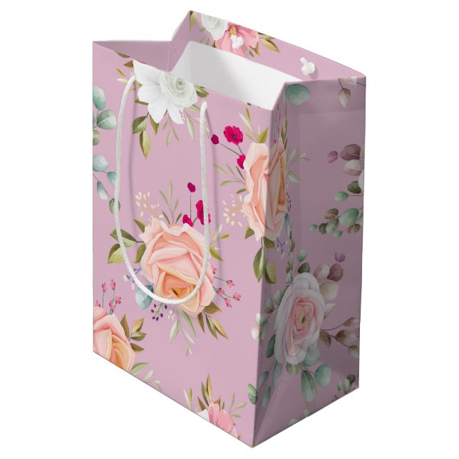 pink purple elegant floral medium gift bag (Back Angled)