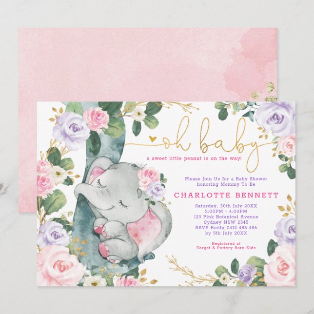 Pink Purple Elephant Floral Girl Baby Shower Invitation (Front/Back)