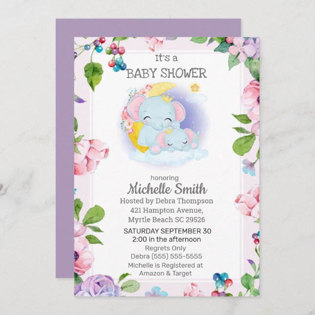 Pink Purple Elephant Floral  Mum Baby Shower   Invitation (Front/Back)