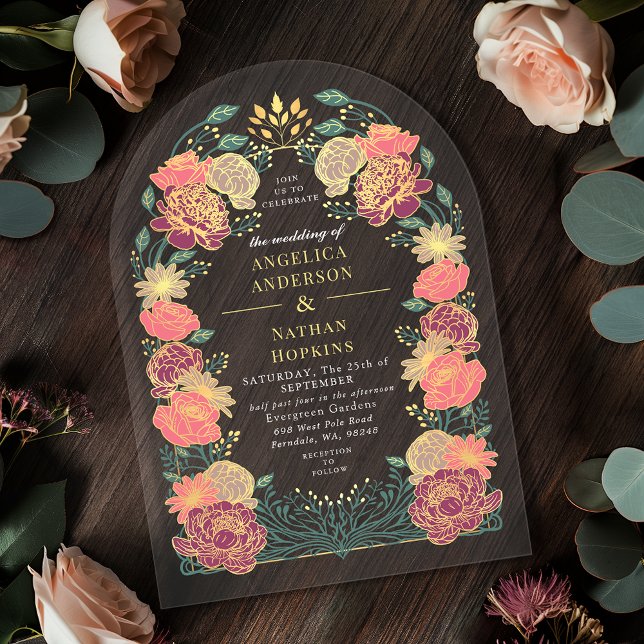 Pink Purple Enchanted Floral Garden Wedding Arch Acrylic Invitations (Creator Uploaded)