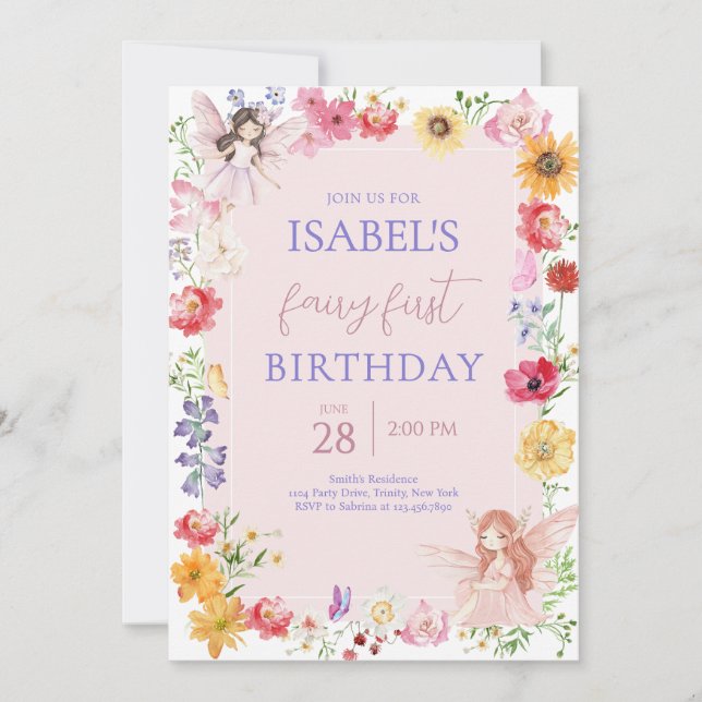 Pink Purple Fairy First Birthday Invitation (Front)