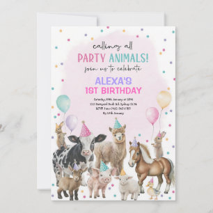 Pink Purple Farm Animals Balloons Birthday Invitation