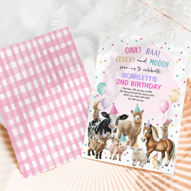 Pink Purple Farm Animals Barnyard Birthday Girl Invitation (Creator Uploaded)