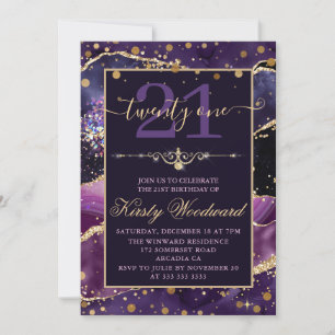 Pink & Purple Faux Gold Glitter Agate Birthday Invitation