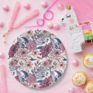 Pink purple ferns botanical florals slate blue paper plate