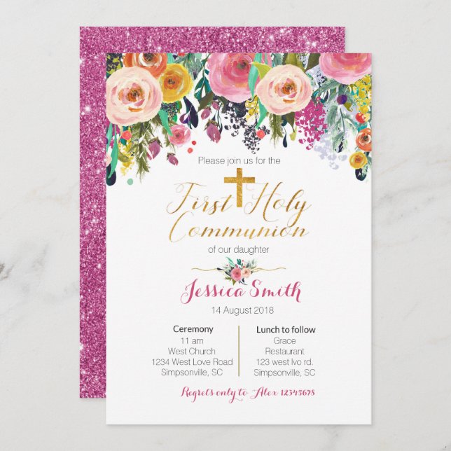 Pink Purple First Holy Communion Invitations (Front/Back)
