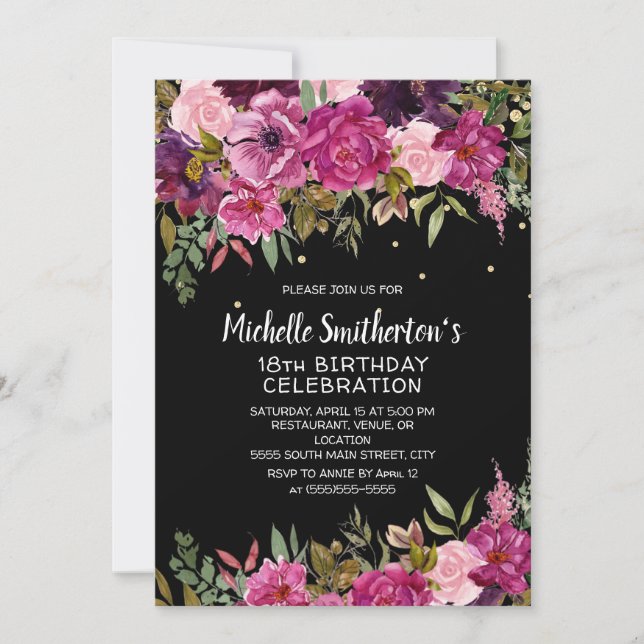 Pink Purple Floral 18th Black Birthday Invitation (Front)