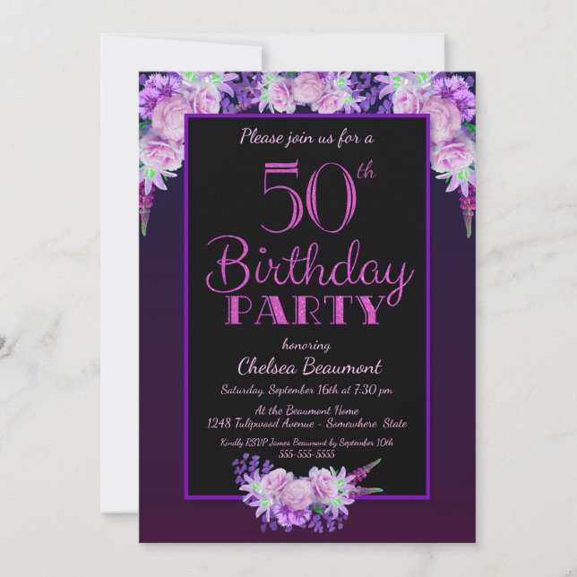 Pink Purple Floral 50th Birthday Party Invitation (Front)