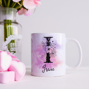 Pink Purple Floral Black Letter Monogram I Coffee Mug