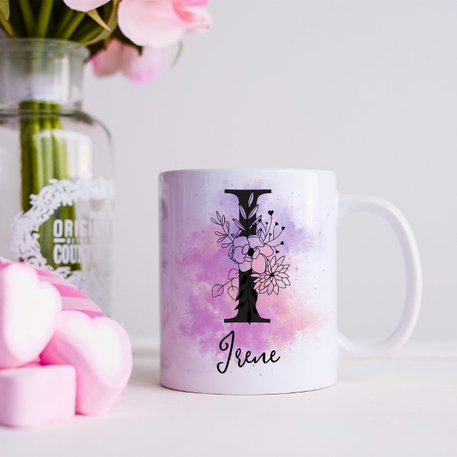 Pink Purple Floral Black Letter Monogram I Coffee Mug (Creator Uploaded)
