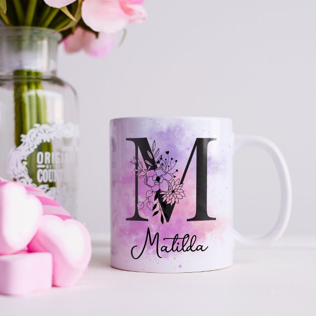 Pink Purple Floral Black Letter Monogram M Coffee Coffee Mug (Creator Uploaded)