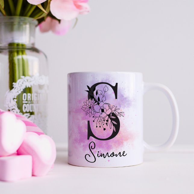 Pink Purple Floral Black Letter Monogram S Coffee Mug (Creator Uploaded)