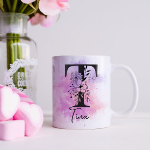 Pink Purple Floral Black Letter Monogram T Coffee Mug