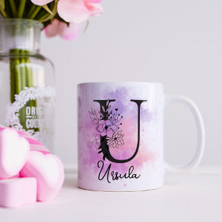 Pink Purple Floral Black Letter Monogram U Coffee Mug