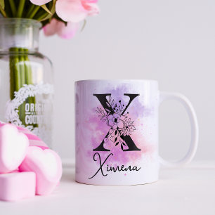Pink Purple Floral Black Letter Monogram X Coffee Mug