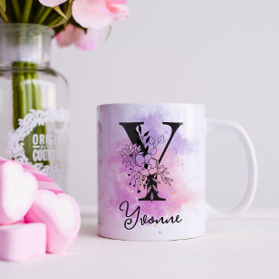 Pink Purple Floral Black Letter Monogram Y Coffee Mug