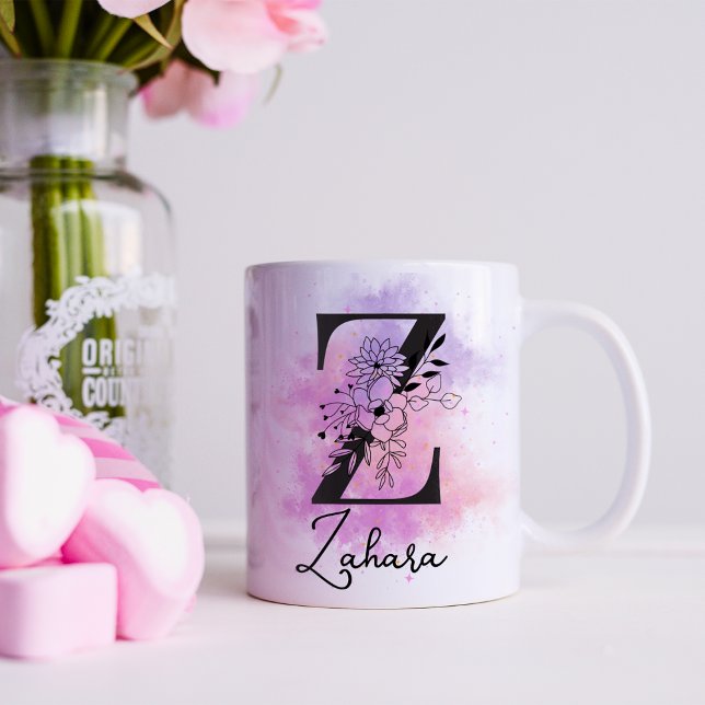 Pink Purple Floral Black Letter Monogram Z Coffee Mug (Creator Uploaded)