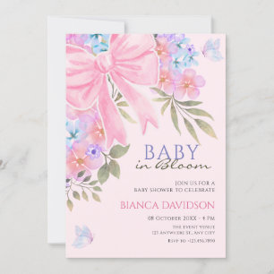 Pink purple Floral bow baby shower Invitation