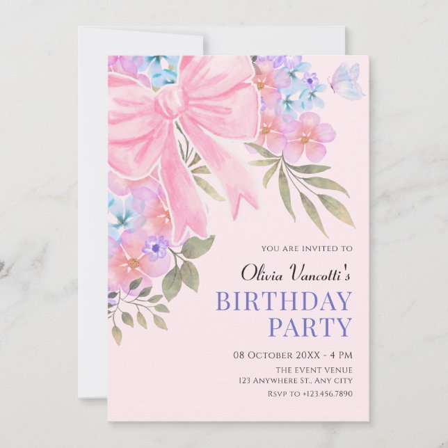 Pink purple Floral bow birthday Invitation (Front)
