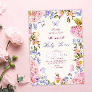 Pink purple floral butterflies baby shower invitation