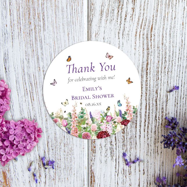 Pink Purple Floral & Butterflies Thank You Classic Round Sticker (Creator Uploaded)