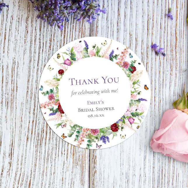 Pink Purple Floral Butterflies Thank You Classic Round Sticker (Creator Uploaded)
