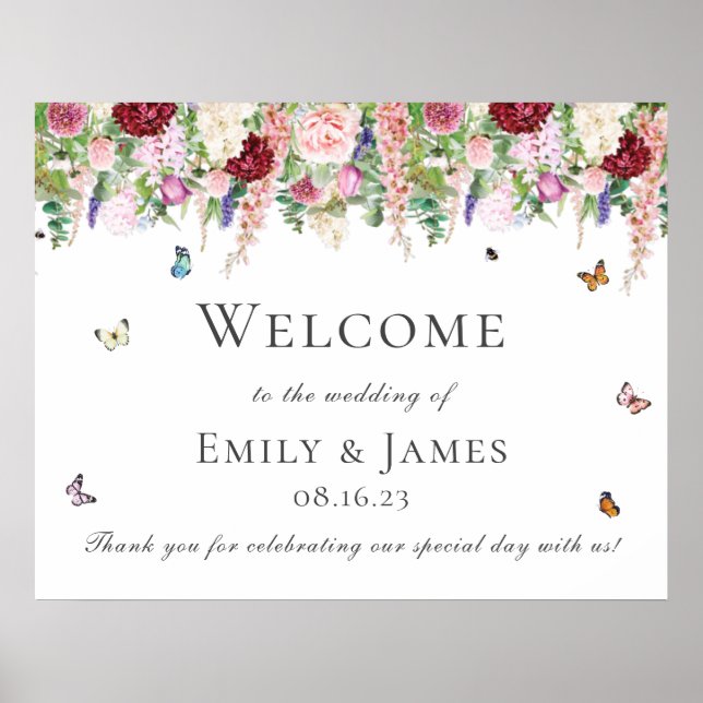 Pink Purple Floral & Butterflies Welcome Poster (Front)