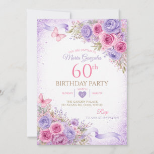 Pink Purple Floral Butterfly 80th Birthday Invitation