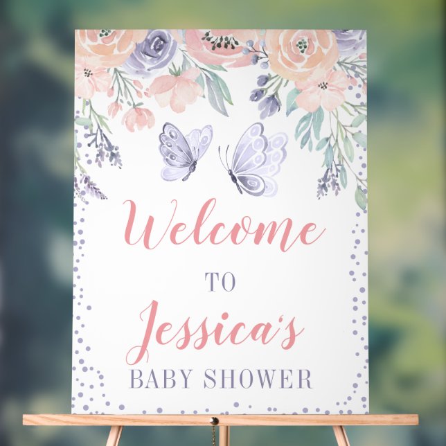 Pink Purple Floral Butterfly Baby Shower Welcome Acrylic Sign (Neutral)