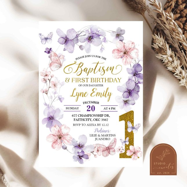 Pink Purple Floral Butterfly Baptism 1st Birthday Invitation (Creator Uploaded)
