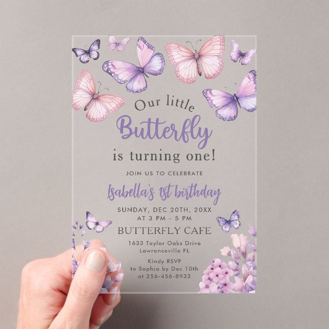 Pink Purple Floral Butterfly Girl 1st Birthday  Acrylic Invitations (Insitu (Handheld))